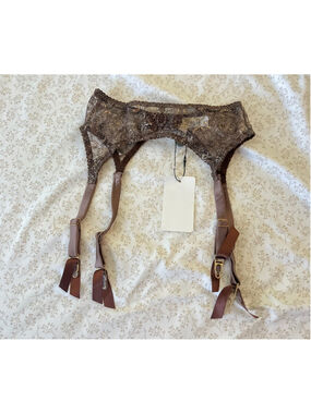 New Myla Rosemoor Street Metallic Leavers Lace and Satin Suspender Belt Small